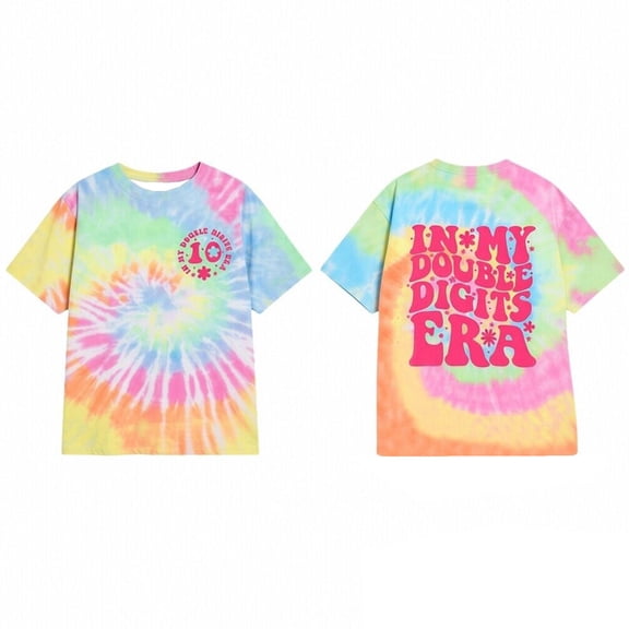 YUEHUA Kids' In My Double Digits Era Tie-Dye T-Shirt, Girls' 10th Birthday Short Sleeve Tee, Retro Groovy Swirl Print Party Top