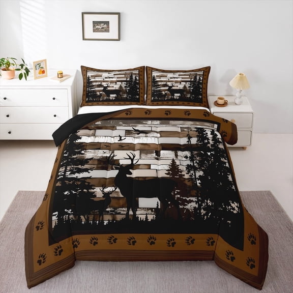 Erosebridal Woodland Animal Deer Elk Comforter Sets King Size,Rustic Lodge Comforters & Duvets,Brown Bedding King Comforter Set For Hunter,Lightweight Room Decor Reversible,3pcs