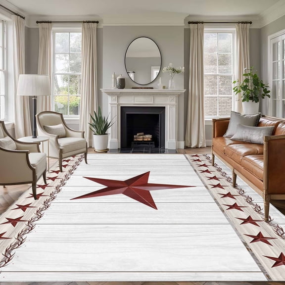Western Star Area Rugs 8'x10', Washable Small Throw Rugs for Living Room Patio, Ethnic Country Red Stars White Wooden Plank Indoor Outdoor Rug Non-Slip Low Pile Carpet Runner Reversible Floor Mats