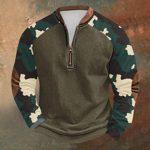 Blusas y camisas de manga larga con cuello redondo para hombre, sudadera con capucha de cuello redondo con cremallera y estampado, sudadera de manga larga, blusa de poliéster para hombre