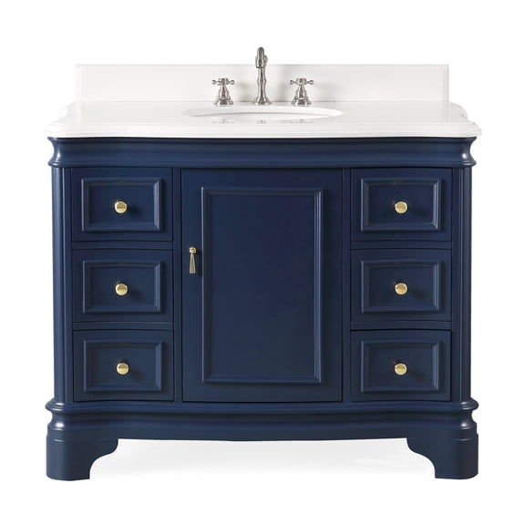 Benton Collection 42" Navy Blue Chic Bathroom Vanity with White Quartz Top