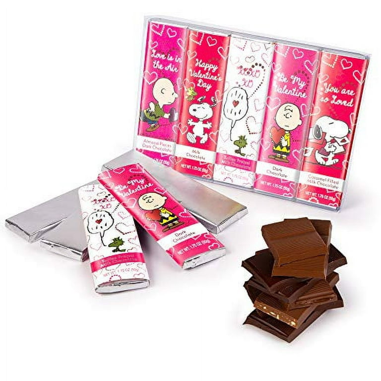 Peanuts Chocolate Valentineâ€™s Day Variety Gift Pack, Snoopy Gourmet Bar  Snack Set, Charlie Brown Gifts for Kids, 1.75oz 5-Bar Rich Belgian  Chocolate