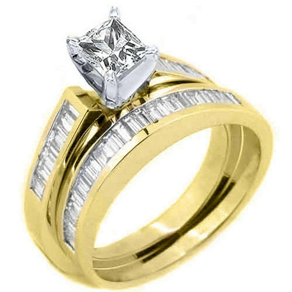14k Yellow Gold 1.50 Carats Princess Baguette Diamond Engagement Ring Bridal Set