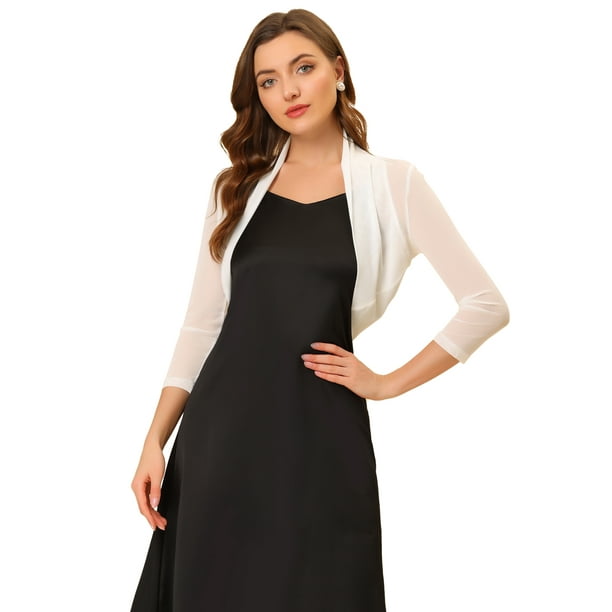 Semi Sheer Elegan Mangas Largas Bolero Shrug Tops para Mujer Blanco XS