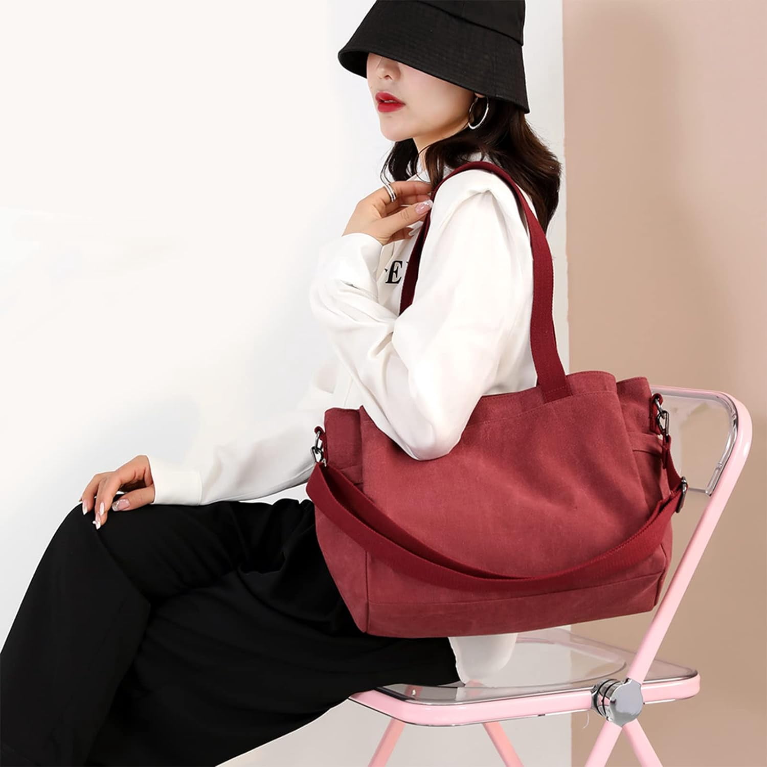 Hobo Handbags Canvas Crossbody Bags for Women, Multi Compartment Large Tote Purse for Work Travel