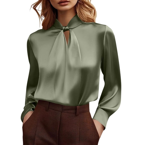 MaFYtyTPR Women's Blouse Fashion Satin Casual Solid Color Bow Knotted Long Sleeve Temperament Tops Army Green L
