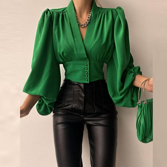 Women's Long Sleeve V Neck Ruffle Blouse Off Shoulder Button Waist Wrap Tops Solid V Neck Lantern Sleeve Buttons Pullover Blouse Shirt Women Spring Casual Draw Back Short Tops