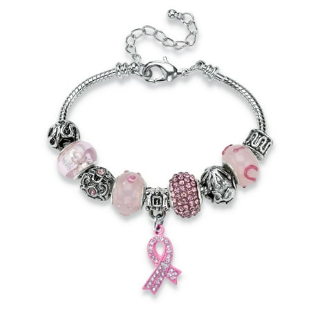 - Breast Cancer Awareness Pink Crystal Bali-Style Half Beaded Bracelet Adjustable in Silvertone 8