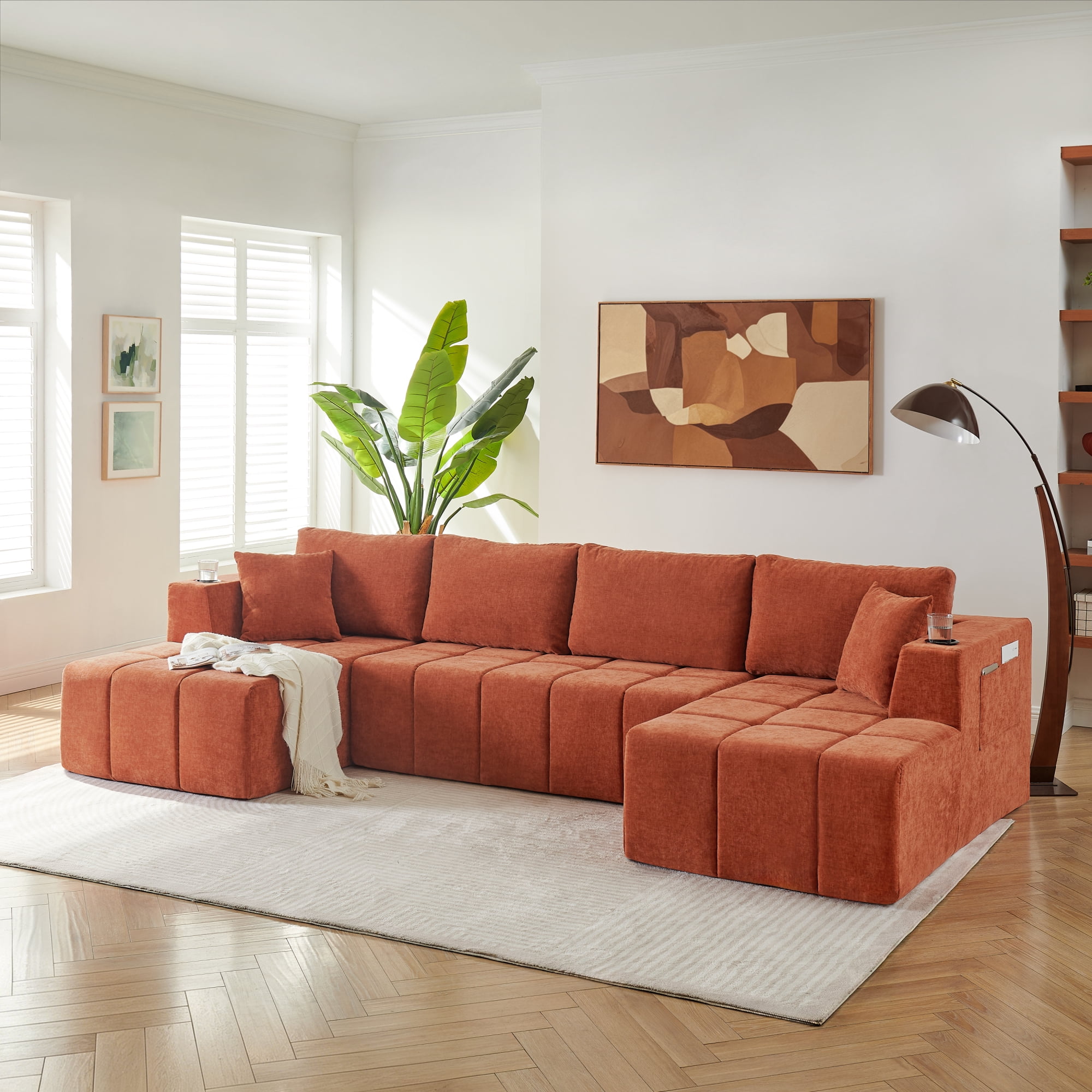 Leumius 132" U-Shaped Chenille Sofa, Cloud Style Boneless Sofa with Lounges, Modern Upholstered Couch with Cup Holders & Side Pockets, Compression Sofa for Living Room, No Assembly Required, Orange