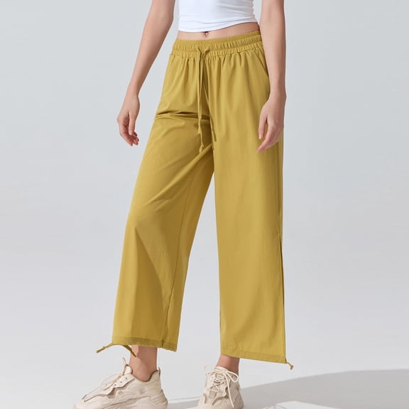 PInxai Wide Leg Pants Women Drawstring Elastic Waisted Loose Pants Casual Yoga Pants Solid Color with Pockets,Yellow,XL