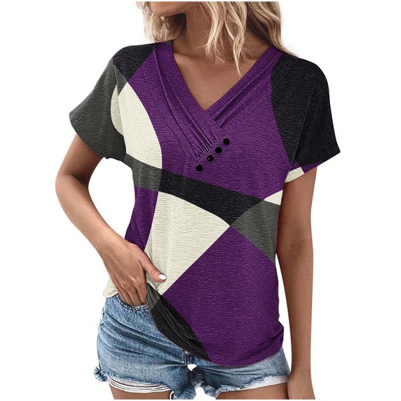 Ganfancp Women's Tops Clearance, Summer V-Neck Short Sleeve Tee Top Casual Print Blouse, Sizes S-2XL # Summer Clearance Women's Clothing