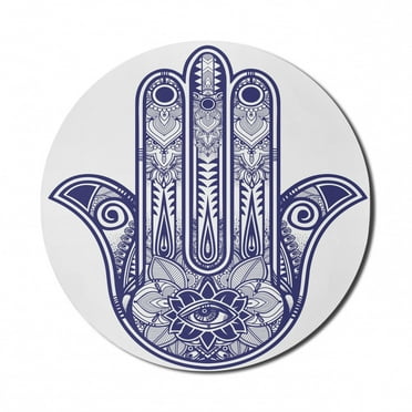 Hamsa Mouse Pad for Computers, Art Design Elements Antique Cabala Magic Themed Sign Print, Round Non-Slip Thick Rubber Modern Gaming Mousepad, 8" Round, Navy Blue, by Ambesonne