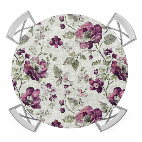 Spring Floral Round Tablecloth for 36-44 Inch Tables,Fitted Table Cover with Elastic Edge,Red Flowers Leaves Botanical Vintage Beige Waterproof Outdoor Table Cloth Protector for Patio Garden Dinner