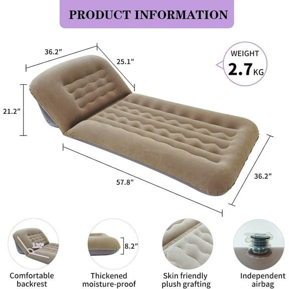 Inflatable Camping Air Mattress with Adjustable Backrest, Flocking Portable Recliner Air Sofa Bed, Blow-Up Sleeping Pad Sofa for Outdoor Hiking, Beach, Tent, Travel – Fast Inflation with Pump