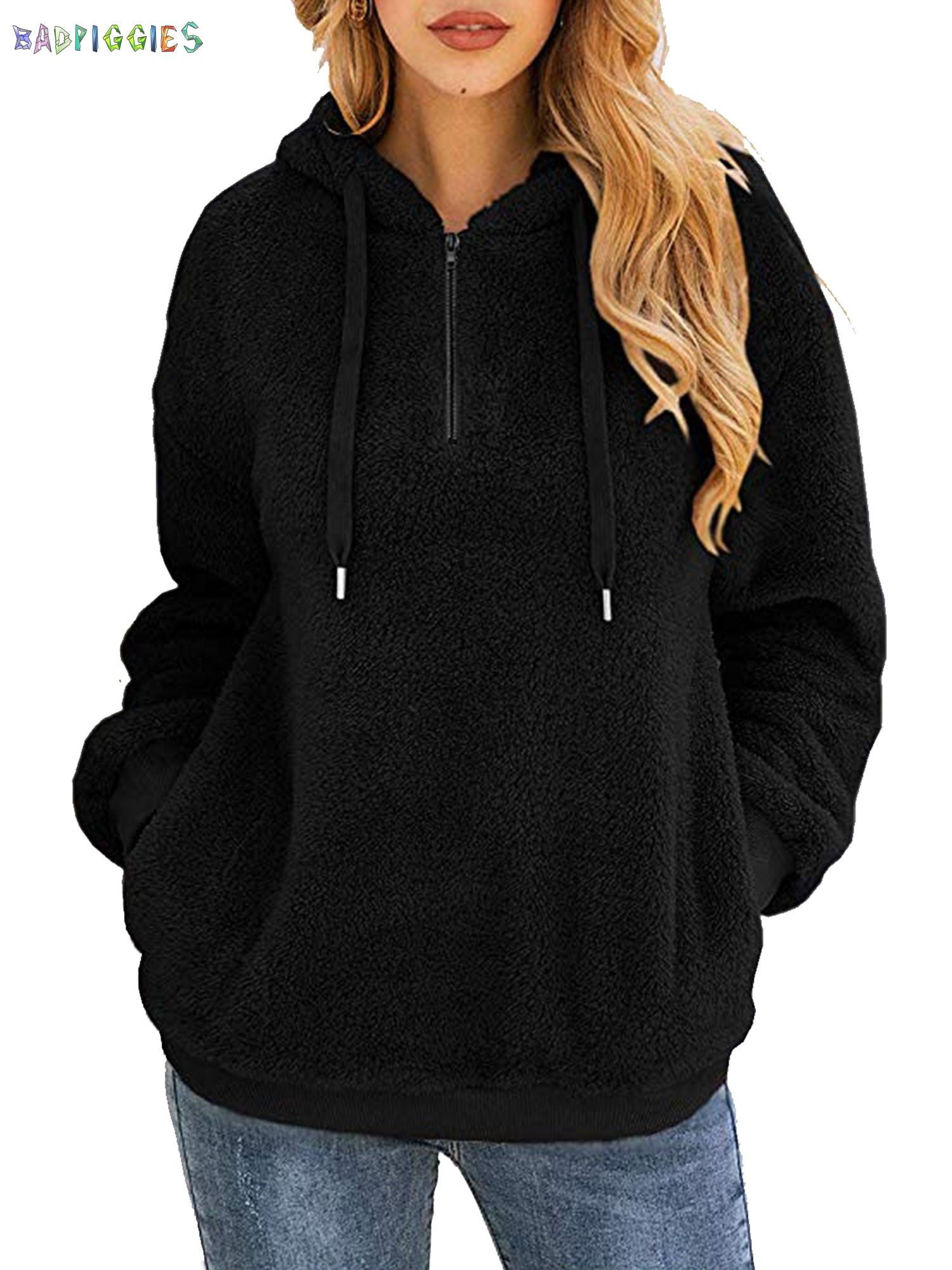 Hoodies for Women Oversized Zip Up Fleece Jacket Color Block Drawstring Sweatshirt Pullover Winter Fluffy Coat 