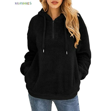 BadPiggies Womens Fuzzy Fleece Sweatshirt Casual Loose Sherpa Pullover Oversized Hoodie with Pockets (M, Black)