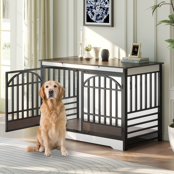 52 Inch Dog Crate Furniture, XL Indoor Dog Kennel for Extra Large Breeds, Heavy Duty Wooden Dog Cage with Double Arched Doors, TV Stand & End Table, White