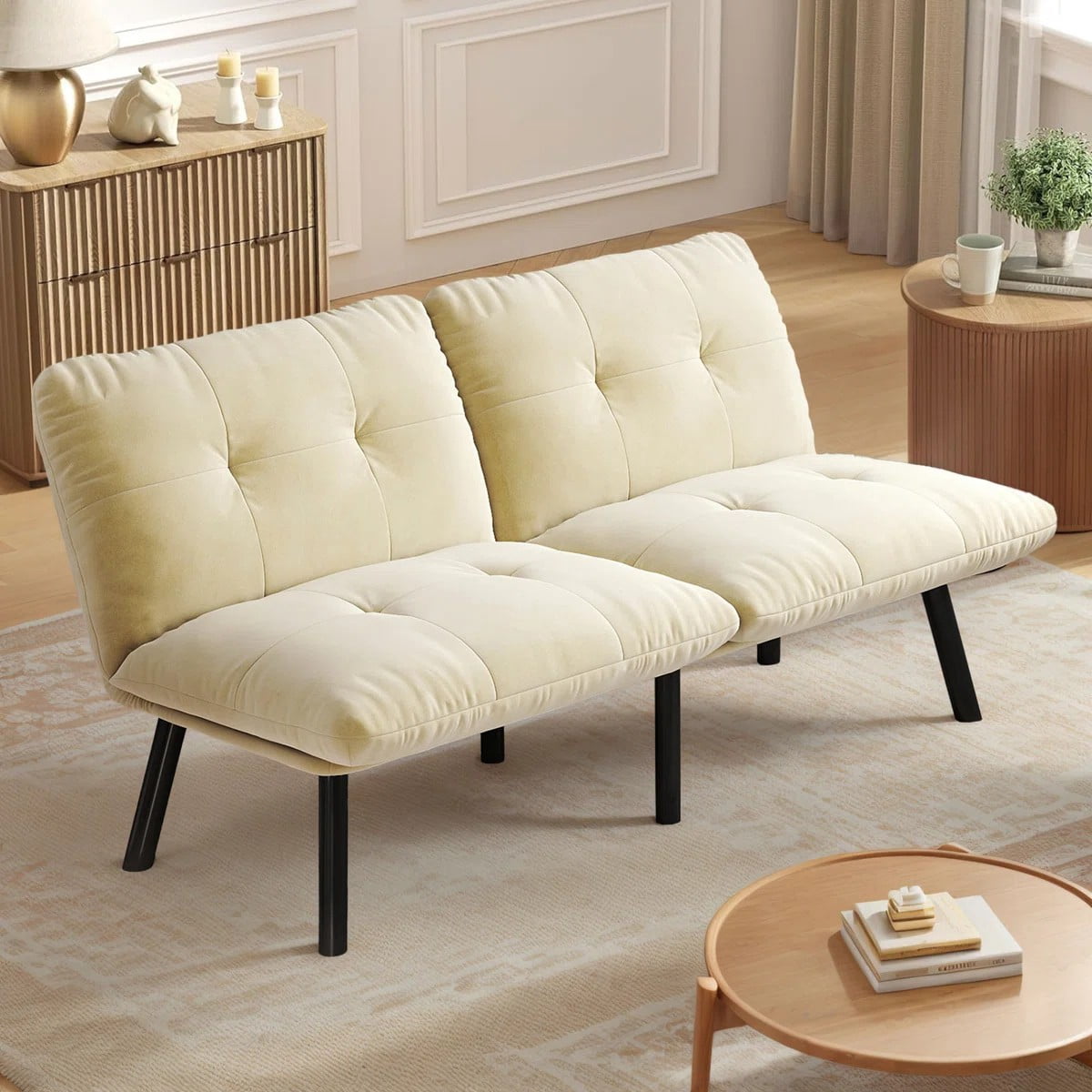 Aukfa 3-in-1 Velvet Futon Sofa Bed, 63" Sleep Sofa with Split 5-Position Backrests, Beige