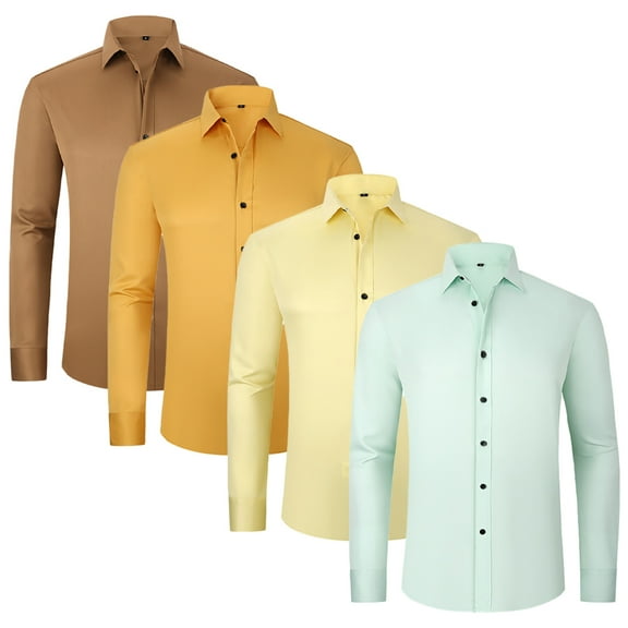 HAOYUNL Mens Dress Shirts Long Sleeve Wrinkle Stretch Shirts Male Solid Casual Button down Spring Fall Shirt with Pocket