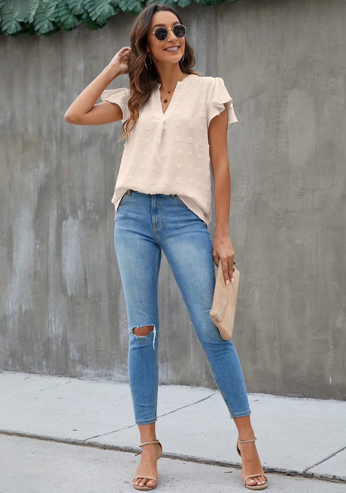 Fantaslook Blouses for Women Dressy V Neck Ruffle Sleeve Summer Tops Casual Flowy Shirts