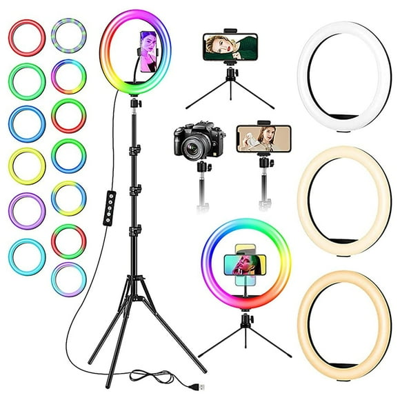 Cshidworld Luz de Anillo Selfie RGB de 13" con Soporte para Trípode y Soporte para Teléfono 26 Modos 10 Niveles de Brillo 120 Bombillas LED Regulable Ringlight para Transmisión en Vivo Maquillaje Fot