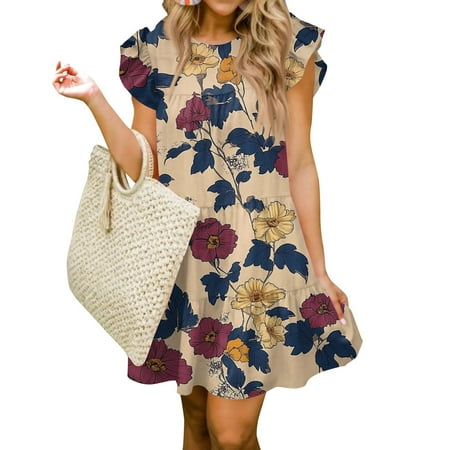 4Th Of July Outfits For Women Dress  Smocked Babydoll Flower Casual Round Neck Ruffle Sleeve Flowy Short Tunic Dress Formal Gold Shoes Dressy Linen 2025 Modest Dresses Cocktail (L  Khaki) ZMTing