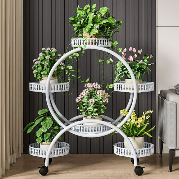 Wisfor Elegant White 6 Pot Rolling Plant Stand Flowers Storage Shelf Indoor Outdoor Garden Decorative, 28.54x12.8x30.9 inch