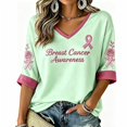 thumbnail image 2 of DORKASM Women's Breast Cancer Shirts 3/4 Sleeve Gifts Tee V Neck Cancer Survivor Soft Pink Ribbon Shirts Breast Cancer Awareness Comfy Shirt Green L, 2 of 4