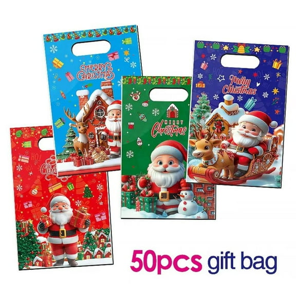 50Pcs Christmas Gift Bags with Handles Xmas Treat Bags Santa Claus Plastic Candy Goodie Snack Bags Bulk for Christmas Party Decorations Supplies Favors