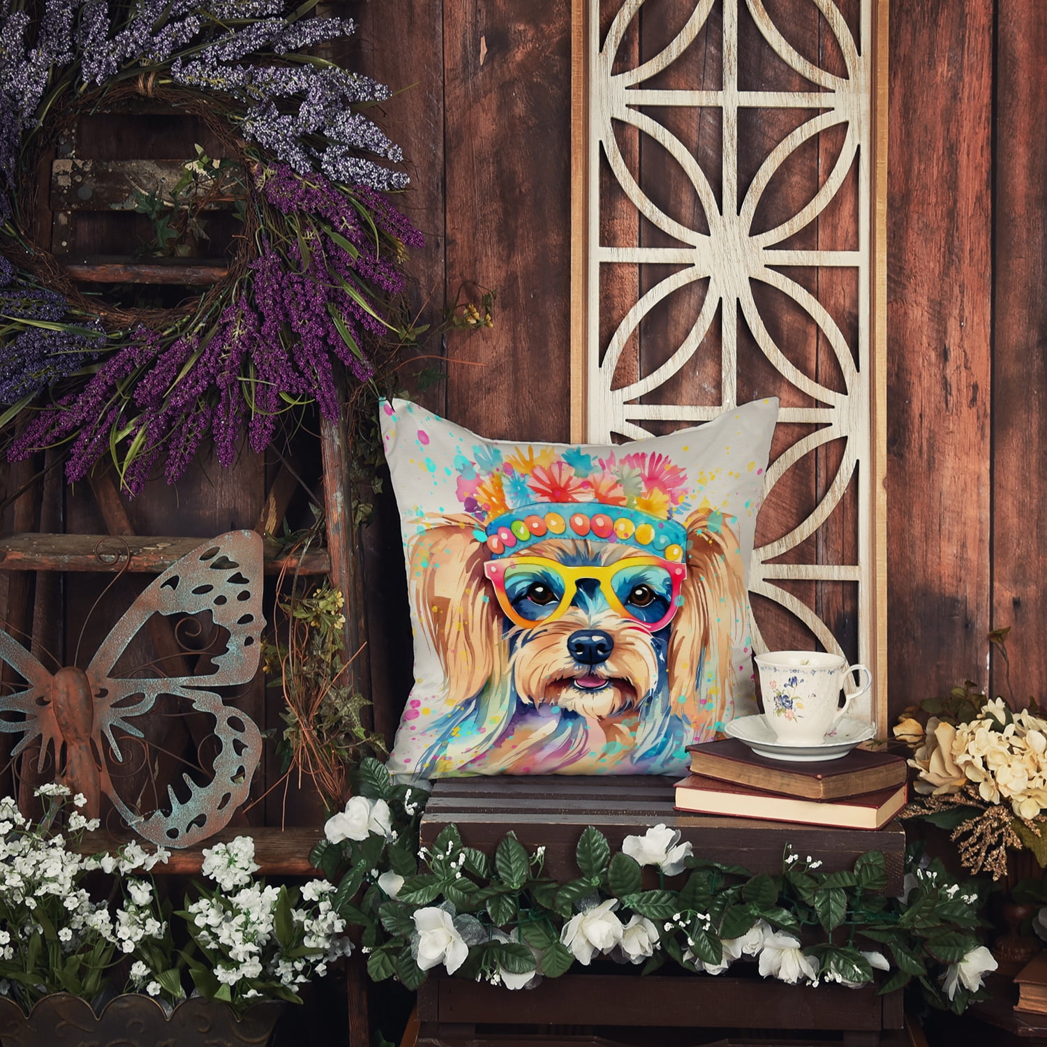 Yorkshire Terrier Hippie Dawg Fabric Decorative Pillow 18 in x 18 in