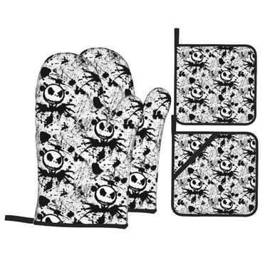 Cartoon The Nightmare Before Christmas Oven Mitts and Pot Holders (4 Pcs Set) Kitchen Set Anti Slip Grip Oven Gloves Heat Resistant and Potholders