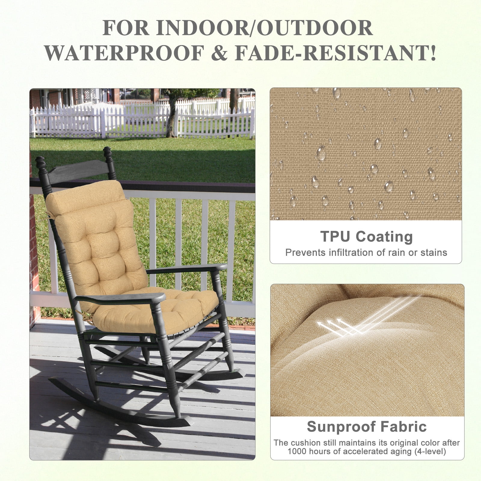 BPS Outdoor Patio Rocking Chair Cushion, Waterproof Fade-Resistant High Back Cushions, Tufted Pads with Ties, Set of 2, Brown
