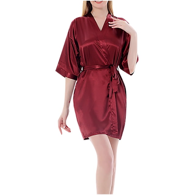 Fankiway Robe de Pyjama à Manches Mi-Longues pour Femme, Couleur Unie, Tenue d'Intérieur Décontractée, Col en V, Ceinture, Robes pour Femmes, Grande Taille, Liquidation, Robes d'Été pour Femmes, Manches Courtes