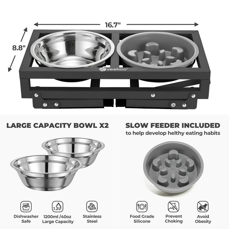 Veehoo Adjustable Elevated Dog Bowls, Raised Dog Dish Stand with 2