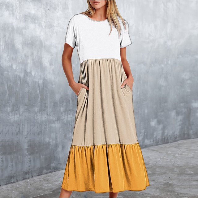 Fankiway Robe Longue Ample à Manches Courtes avec Poche et Col Rond Imprimé pour Femmes Rondes Robes de Printemps pour Femmes 2689