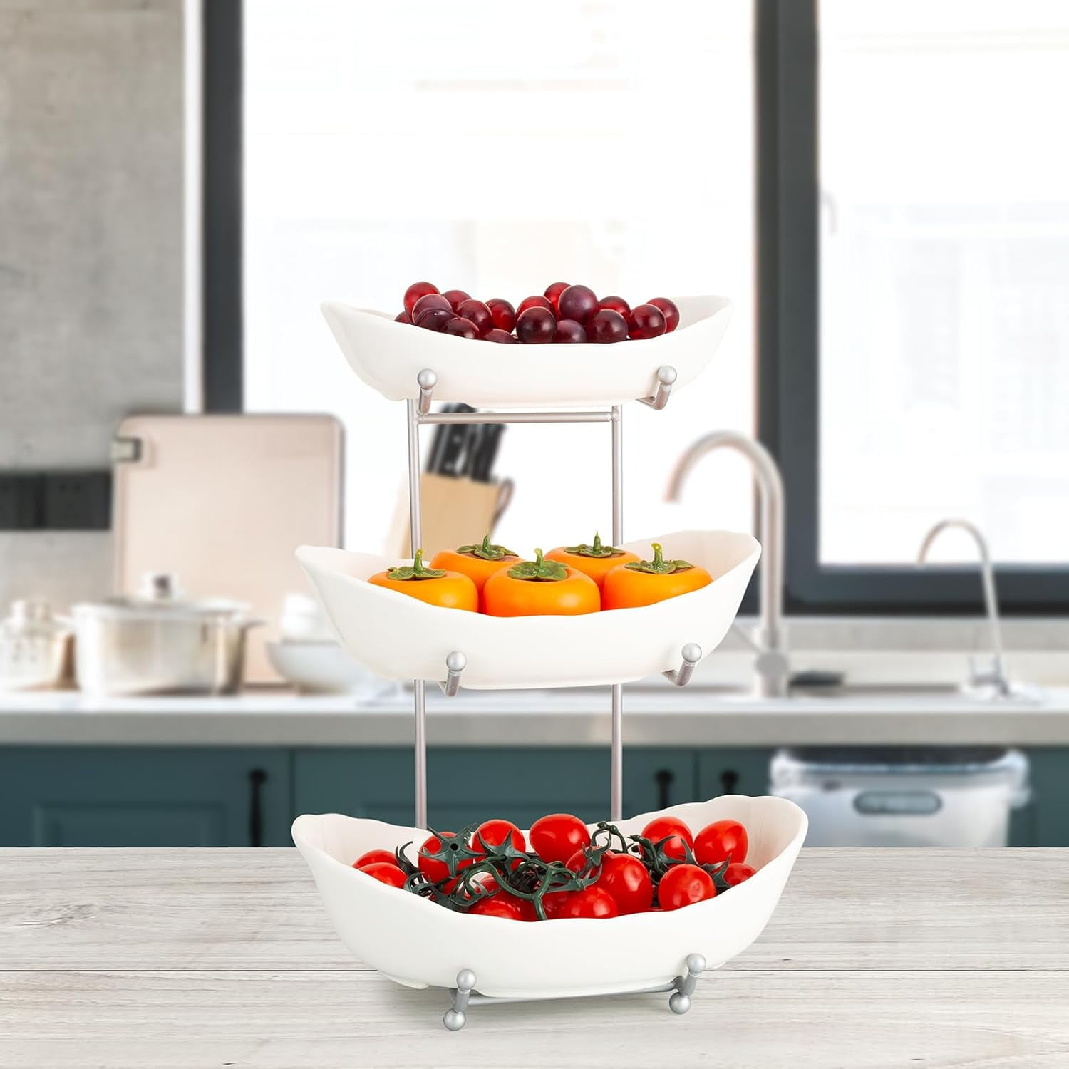 Fruit Bowl for Kitchen Counter, 3 Tier Ceramic Fruit Bowl, Tiered Fruit Basket for Countertop, Modern Multi Layer Fruit Display Stand for Party