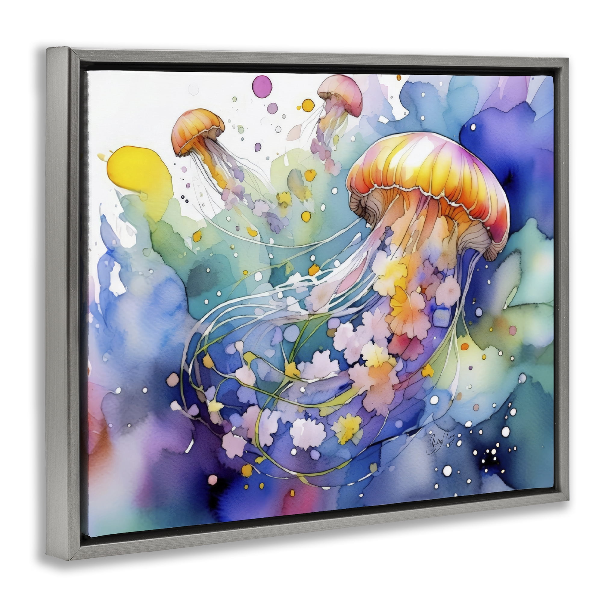 Stupell Industries Neon Jellyfish Underwater Gray Framed Floater Canvas Wall Art, design by Shelly Craig