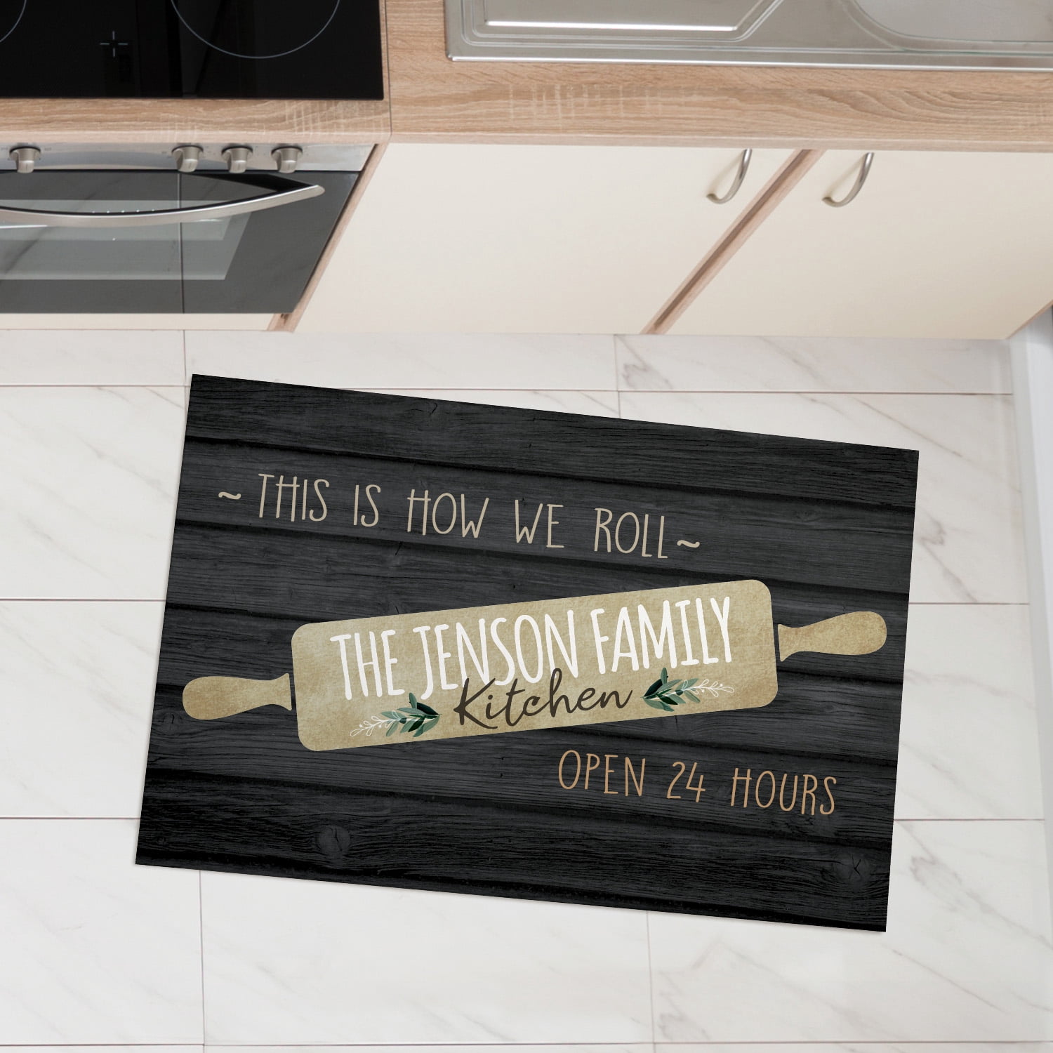 Personalized Planet 27x18 This is How We Roll Open Hours Kitchen Rolling Pin Doormat with Custom Family Name Printed on Dark Gray Rectangular 1/8” Thick Non Slip Mat for Kitchen Hallway Deck or Porch