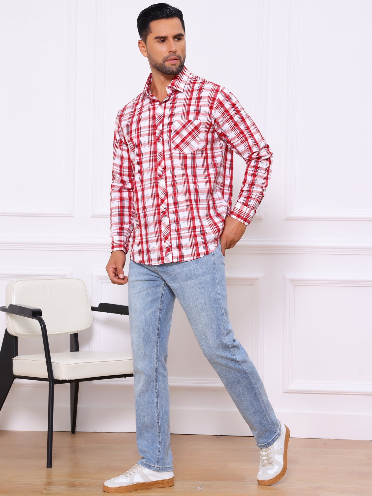 DARING DIVA Men's Long Sleeve Checked Shirt Point Collar Button Plaid Shirt M Red White