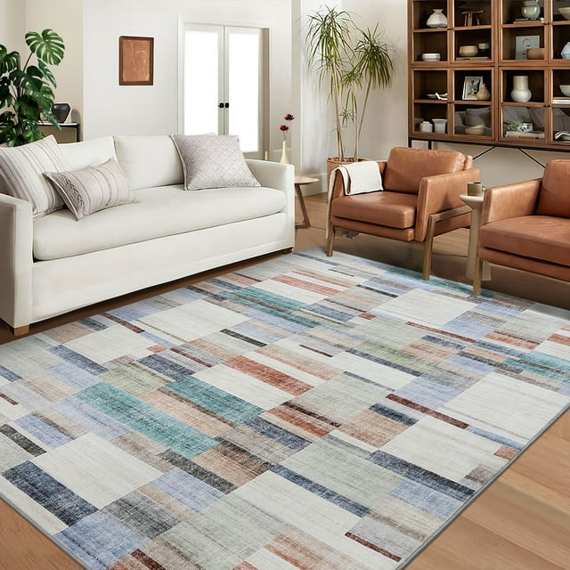Hasoo 9' x 12' Large Area Rug for Living Room Bedroom Geometric Abstract Rug Indoor Modern Color-Block Rug Low Pile Non-Slip Carpet, Red Multi