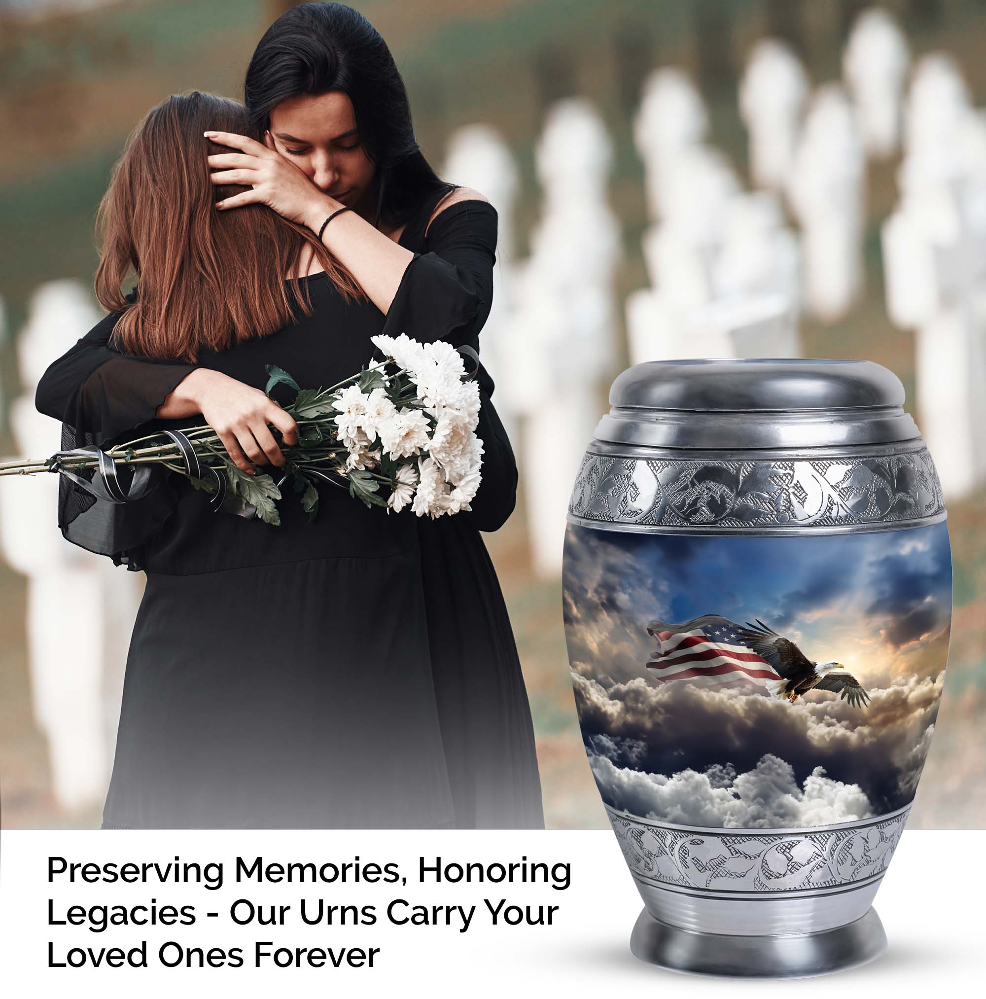 Eagle Flying In Clouds With Flag Timeless Urns - Burial Urn For Adult Female & Male - Memorial Gifts - Adult Urns For Human Ashes (Size -10inch)
