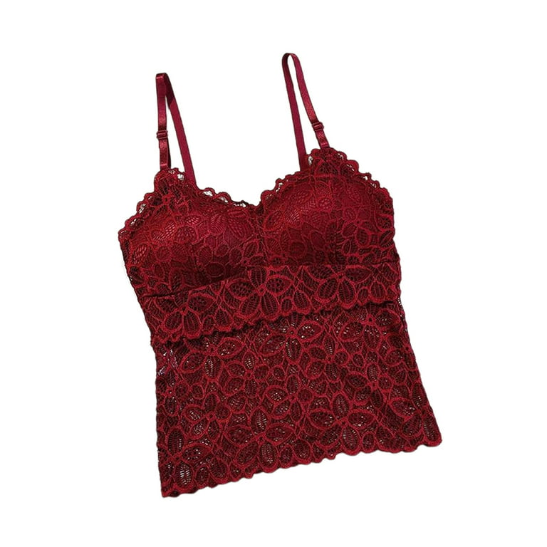 wybzd Women Lace Bra Camisole Bralette Floral Hollow-Out Spaghetti Strap  Padded Vest Adjustable Crop Top Wine Red S