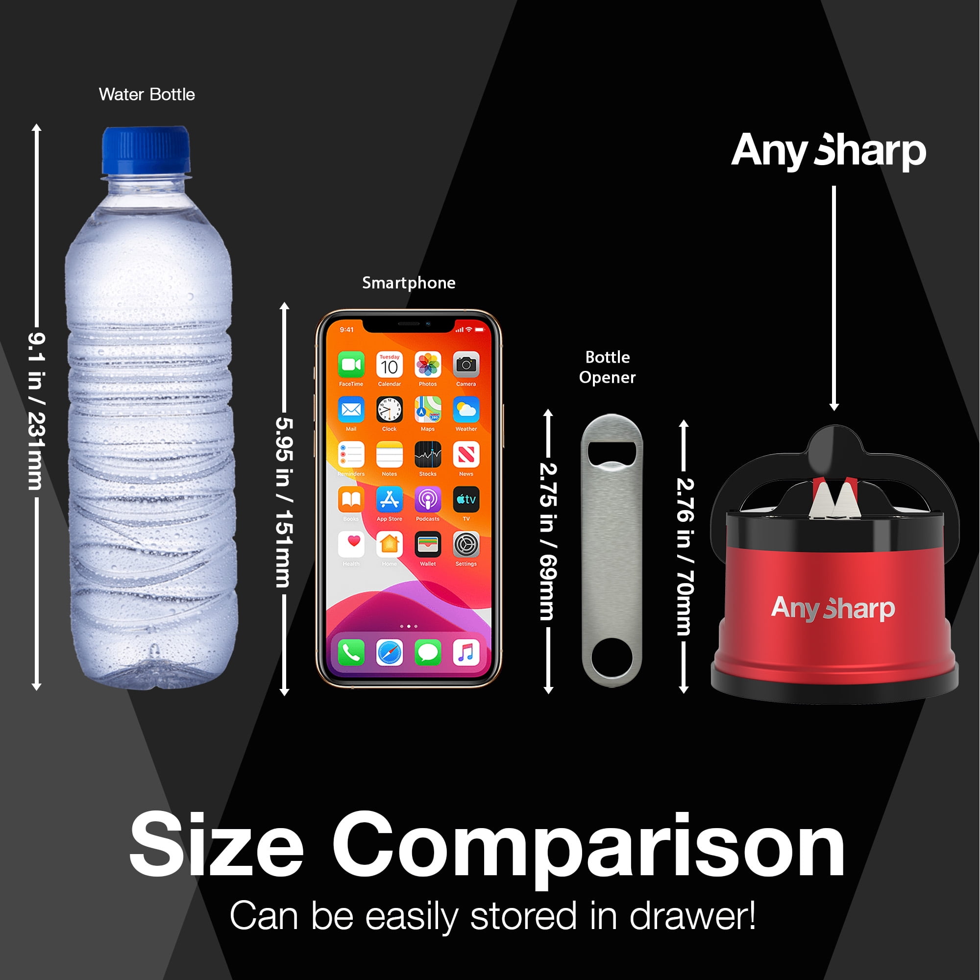 AnySharp Knife Sharpener, Hands-Free Safety, PowerGrip Suction, Sharpens All Kitchen Knives, Red