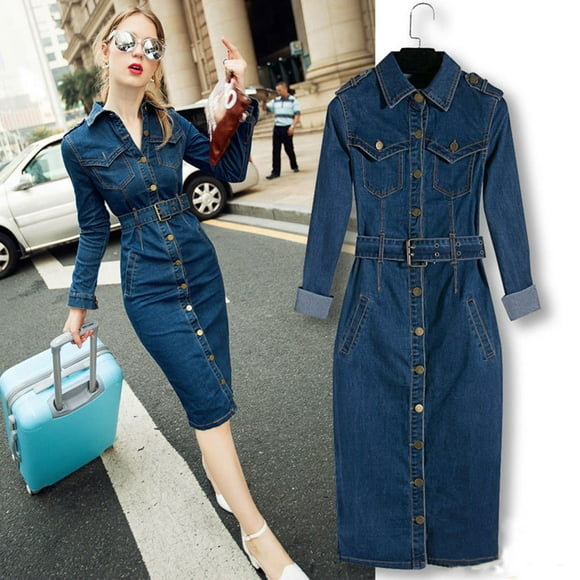 GZWYHT Dresses for Women 2025,Midi Dresses Women Winter Office Slim Jeans Mid-Cuff Dress With Belt for Women Jeans Dress Denim Dress,Long Sleeve Dress,Blue Dress,Bodycon Dresses 4XL