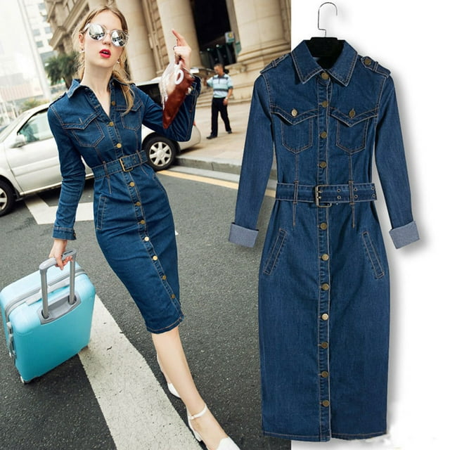EGNMCR Robes d'Été Femmes Tendance 2024 Femmes Hiver Bureau Jeans Ajustés Robe Mi-Cuisse avec Ceinture pour Femmes Robe en Jean