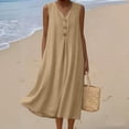 thumbnail image 2 of Lovzfmll Women's Decorative Button Linen Blend Pocket Shift Maxi Dress, Loose V Neck Sleeveless Casual Dress Khaki, M, 2 of 8