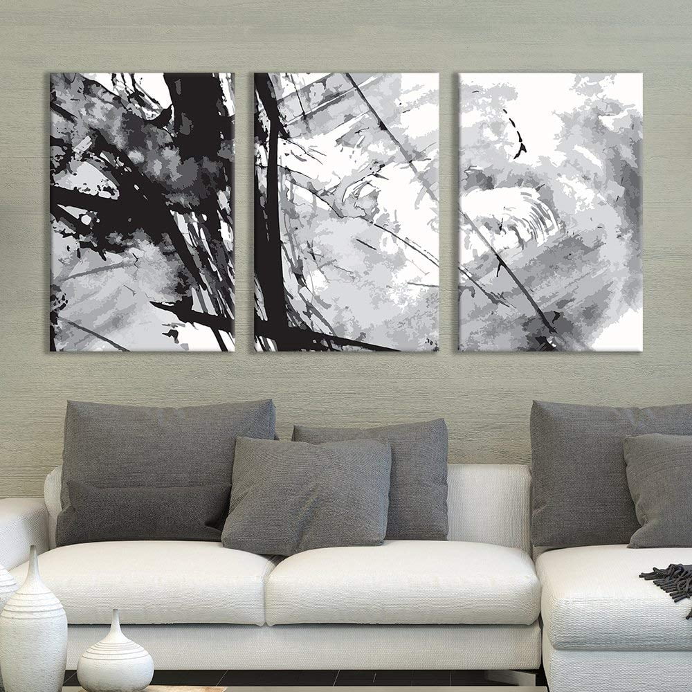 LARGE ABSTRACT 3 PANEL CANVAS ART GREY BLACK AND WHITE 