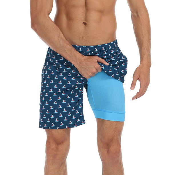 LRD Men's Swim Trunks with Compression Liner 7 Inch Inseam Shark Bite