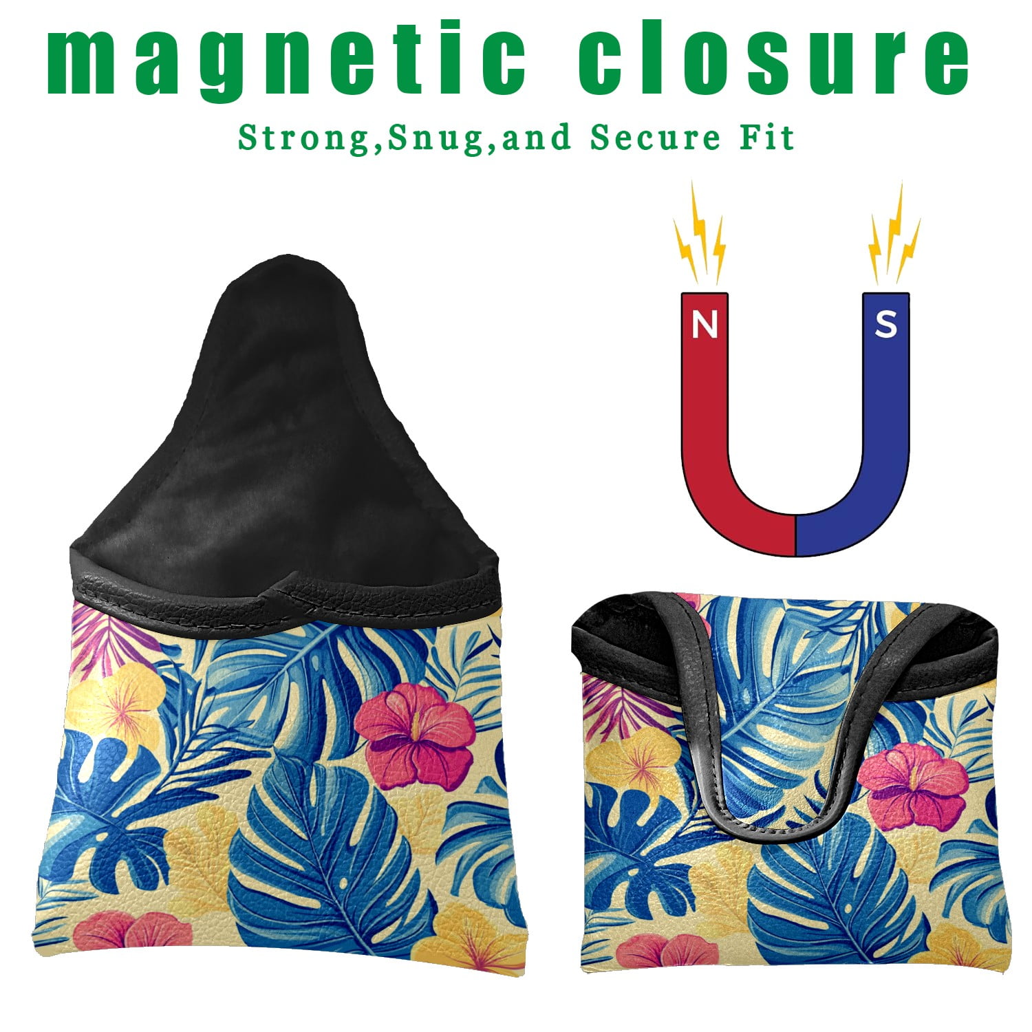 Golf Mallet Putter Cover Premium Leather Waterproof Golf Putter Head Cover with Magnetic Closure Tropical Leaves And Flowers