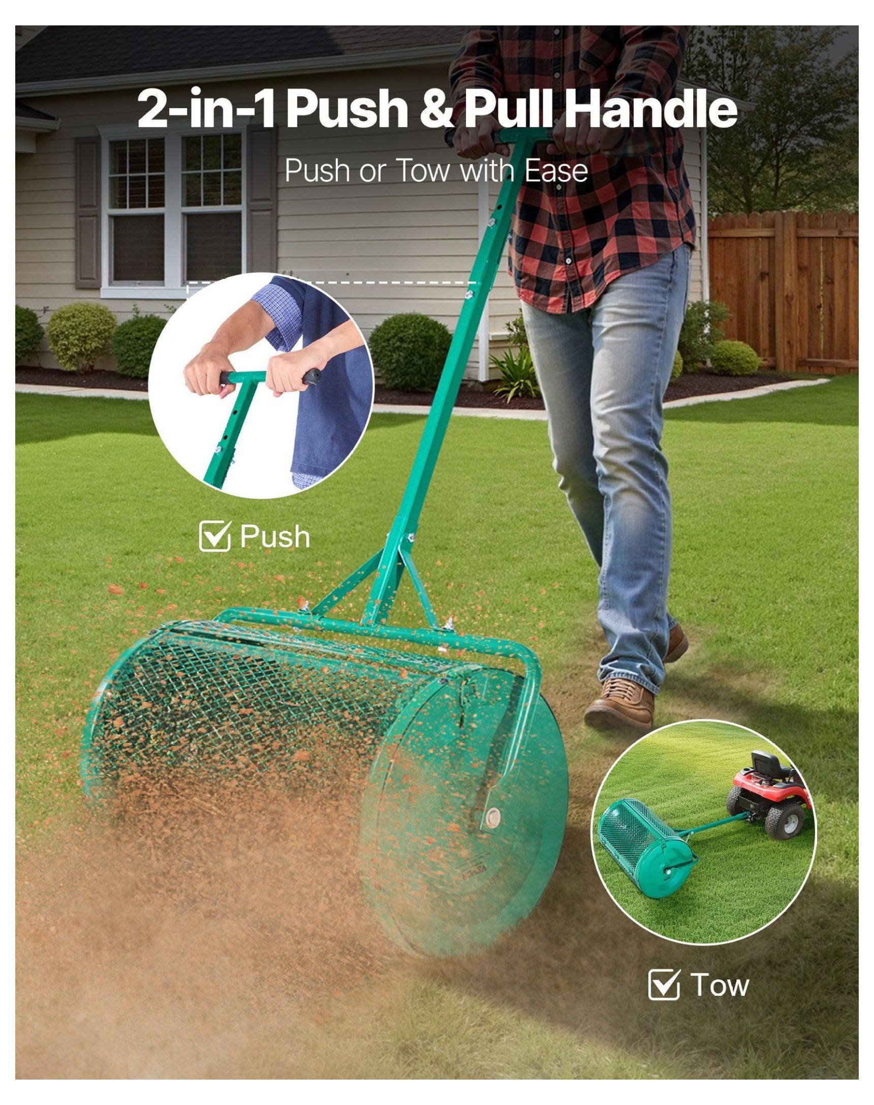 Compost Spreader 24 inch, Peat Moss Spreader with Tow Handle, Adjustable Height, Heavy Duty Steel Garden Seed Spreader for Lawn, Farm, and Garden